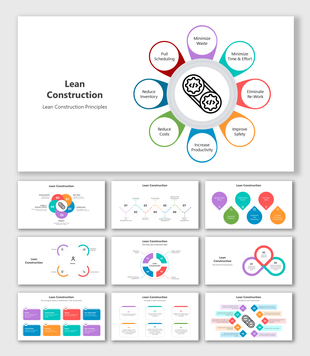 Lean Construction PowerPoint slides with different colorful layout designs and icons with descriptions on a white theme.