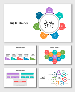 Digital fluency featuring infographic elements, digital skill icons, literacy charts, and process flow visuals.