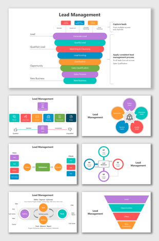 Lead management process flow PPT slides showcasing stages with different colorful layout designs and icons with text.