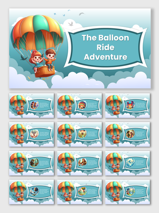 Balloon ride adventure PPT slides with two kids soaring through the clouds, surrounded by a vibrant sky on a blue theme.