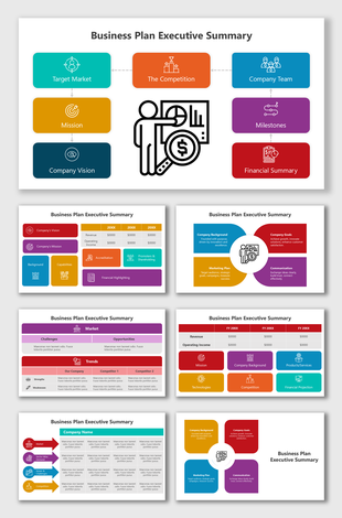 Slide deck on executive summary showing multicolor blocks for mission, market, team, and finance with icons and flowchart visuals.