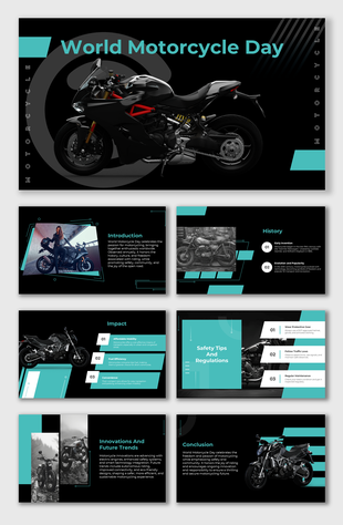World motorcycle day presentation with bike visuals, safety tips, history, impact, and future trends in motorcycling.