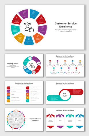 Customer service excellence infographic with principles like empathy, feedback, and product knowledge.