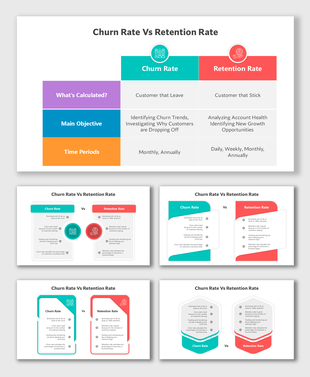 Visual comparing churn rate and retention rate in customer metrics, highlighting key differences and goals.