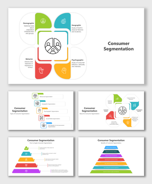 Visual guide to consumer segmentation with layered sections on demographics, geography, behavior, and psychographics.