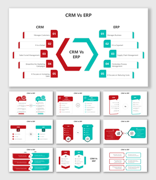 Presentation slides showcasing CRM vs ERP with split-section infographics and highlighted red and teal captions.