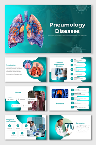 Pneumology diseases slides with lung visuals, causes, symptoms, and diagnosis methods like X-rays and CT scans.