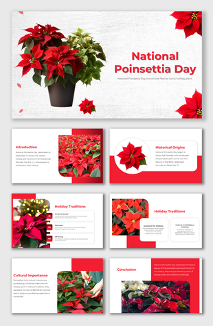 Festive National Poinsettia Day slides covering historical origins, holiday traditions, and poinsettia symbolism.