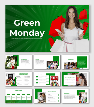 Green Monday presentation with focus on shopping history, deals, marketing strategies, and holiday shopping tips.