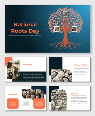 National Roots Day slides featuring family photos, a symbolic tree, and content on heritage, history, and cultural identity.