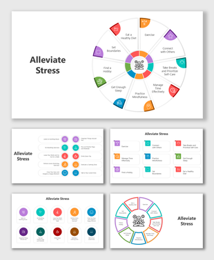 Visual guide on alleviating stress, listing various activities like sleep, exercise, hobbies, and effective time management.