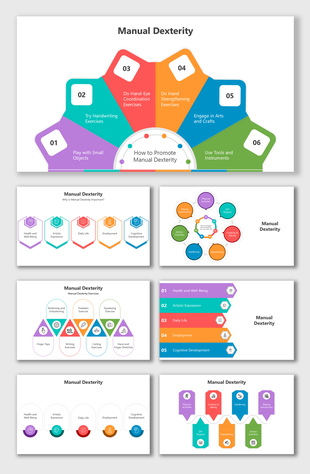 Manual dexterity visual guide with activities like playing with small objects, hand strengthening, and engaging in arts.