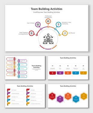Infographic showcasing diverse team building activities, including dinners, physical activities, and volunteer work.