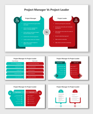 Comparison diagram contrasting roles of Project Manager and Project Leader in leadership approach and responsibilities.