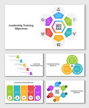 Leadership training objectives with hexagonal visuals covering skills like communication, decision-making, and motivation.