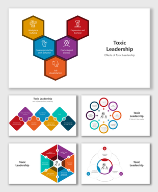 Toxic Leadership slides showing effects like burnout, workplace bullying, job dissatisfaction, and counterproductive behavior