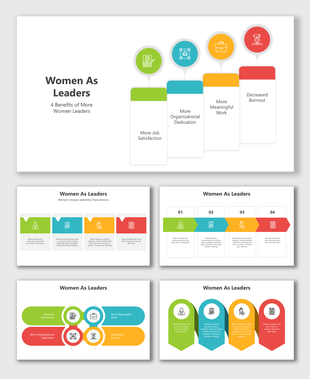 Infographic showcasing benefits of women in leadership roles, including job satisfaction and reduced burnout.