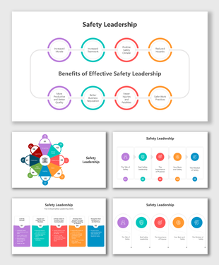 Safety Leadership PPT with vibrant icons, circular layouts, and placeholders to present benefits, skills, and key concepts.