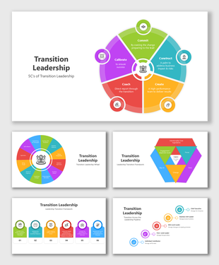 Transition leadership PPT with colorful 5C model, structured placeholders, and diagrams for leadership transition stages.