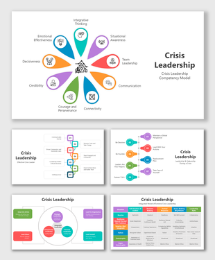 Crisis leadership PPT with colorful icons and sections for key skills like communication, decisiveness, and connectivity.