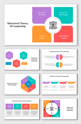 Behavioral theory of leadership PowerPoint with vibrant visuals, clean layouts, and structured placeholders for content.