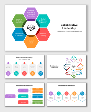 Collaborative leadership slides with vibrant visuals, clean hexagonal designs, and structured placeholders for content.