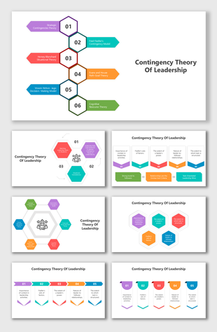Dynamic hexagonal and arrow-based layout visually illustrates leadership concepts with vibrant placeholders and structure.