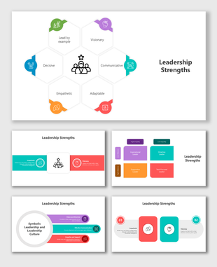 Colorful hexagonal infographic with icons and placeholders visually representing six leadership styles for customization.