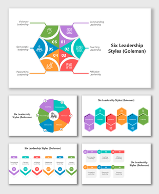 Colorful hexagonal infographic visually representing six leadership styles with placeholders and icons for customization.