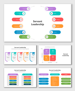 Servant leadership PowerPoint with colorful designs, placeholders, and structured layouts for visual presentations.