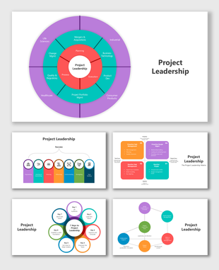 Project leadership PowerPoint with vibrant diagrams, clean layouts, and structured placeholders for concise content.