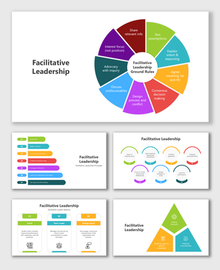 Facilitative leadership PowerPoint with vibrant diagrams, clean layouts, and structured placeholders for key content.