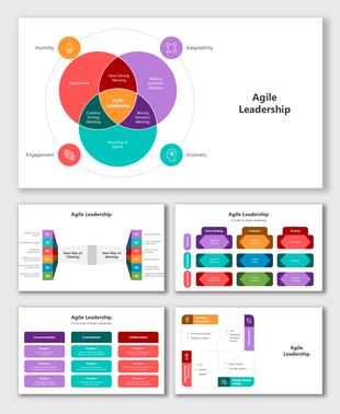 Vibrant infographic with Venn diagrams and blocks illustrating Agile Leadership principles and placeholders for content.