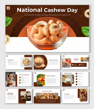 National Cashew Day PowerPoint with vibrant cashew visuals, structured layouts, and placeholders for presentation content.