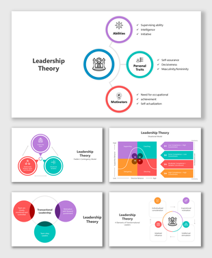 Leadership theory slides with color-coded placeholders, visual diagrams, and circular elements for professional use.