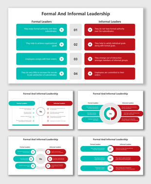 Slide template comparing formal and informal leadership using teal and red placeholders with a clean, professional design.