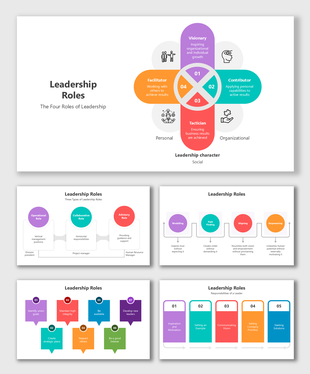 Leadership roles PPT with vibrant visuals, colorful diagrams, and structured placeholders highlighting leadership concepts.