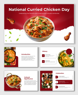 National curried chicken day slides with red accents, vibrant curry imagery, and structured placeholders for content.