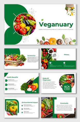 Veganuary slides featuring green visuals, vibrant vegetable images, and structured placeholders for plant-based themes.