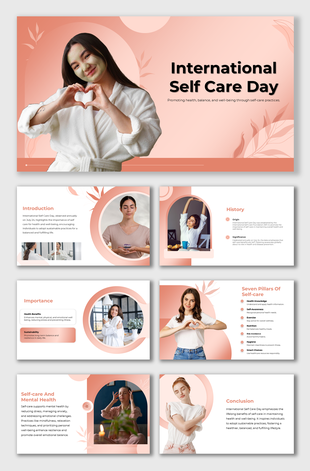International self care day slides with peach theme, circular photo frames, and self-care-focused visual placeholders.