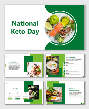 National keto day slides featuring green visuals, vibrant food images, and structured placeholders for keto-focused content.