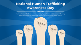 Blue graphic with raised fists symbolizing solidarity for National Human Trafficking Awareness Day against injustice.