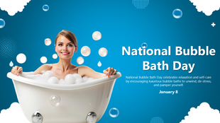 Smiling woman in a bubble-filled tub surrounded by floating bubbles on a vibrant blue background for relaxation theme.