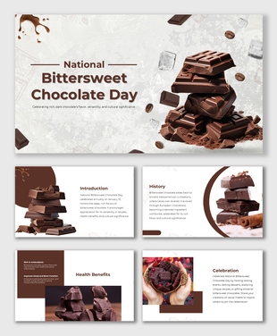 Slides featuring stacked bittersweet chocolate visuals, text blocks, and a celebratory theme for National Chocolate Day.