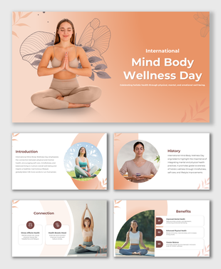 Calm slides featuring yoga poses, floral patterns, soft peach tones, and placeholders for mind-body wellness content.