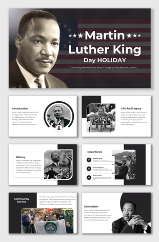 Slides honoring MLK Day with black-and-white visuals, historic images, legacy highlights, and structured text sections.