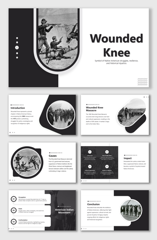 Wounded Knee slides with black-and-white visuals, historic photos, and structured sections on causes and impacts.