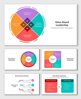 Value-Based Leadership slides with colorful diagrams, key traits, comparative charts, and a focus on leadership values.