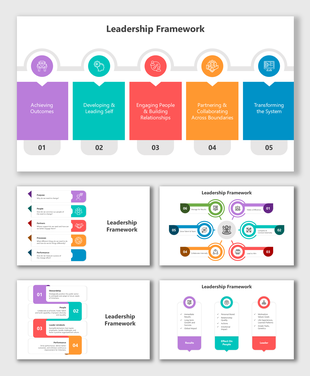 Leadership Framework slides with colorful blocks, circular diagrams, icons, and sections on key leadership principles.