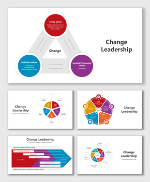 Change leadership slides with colorful triangular, circular diagrams and structured frameworks for values and strategies.